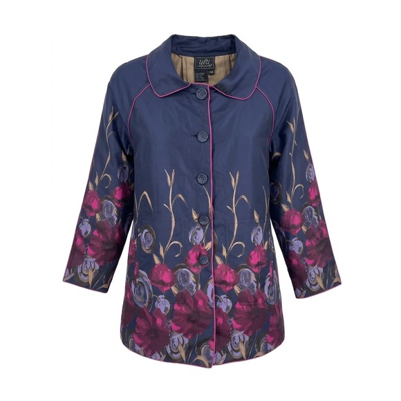 UbU Jackets & Blazers - NWOT UBU Reversible Floral Rain Jacket Navy Blue‎ Taupe Button Front PM N0921B